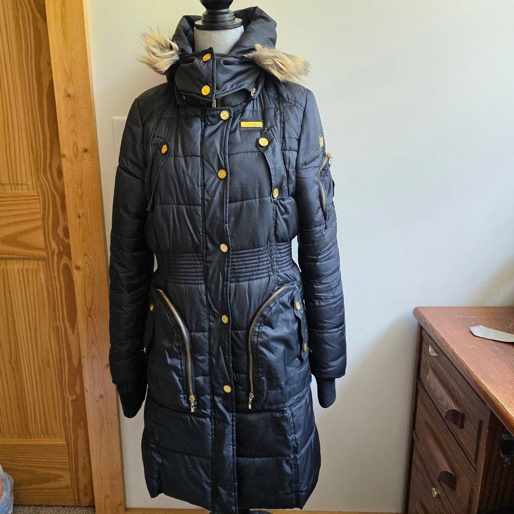Coogi VTG Y2K Womens Black Long Puffer Jacket Faux Fur Hood Spellout Streetwear
